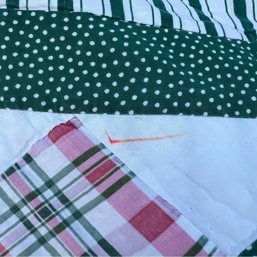 VTG Garden Block Quilt Floral Striped Reversible Hand Sewn Pink Green 82x84 FLAW